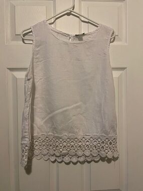 Kenar White linen tank top blouse with crochet detail hem